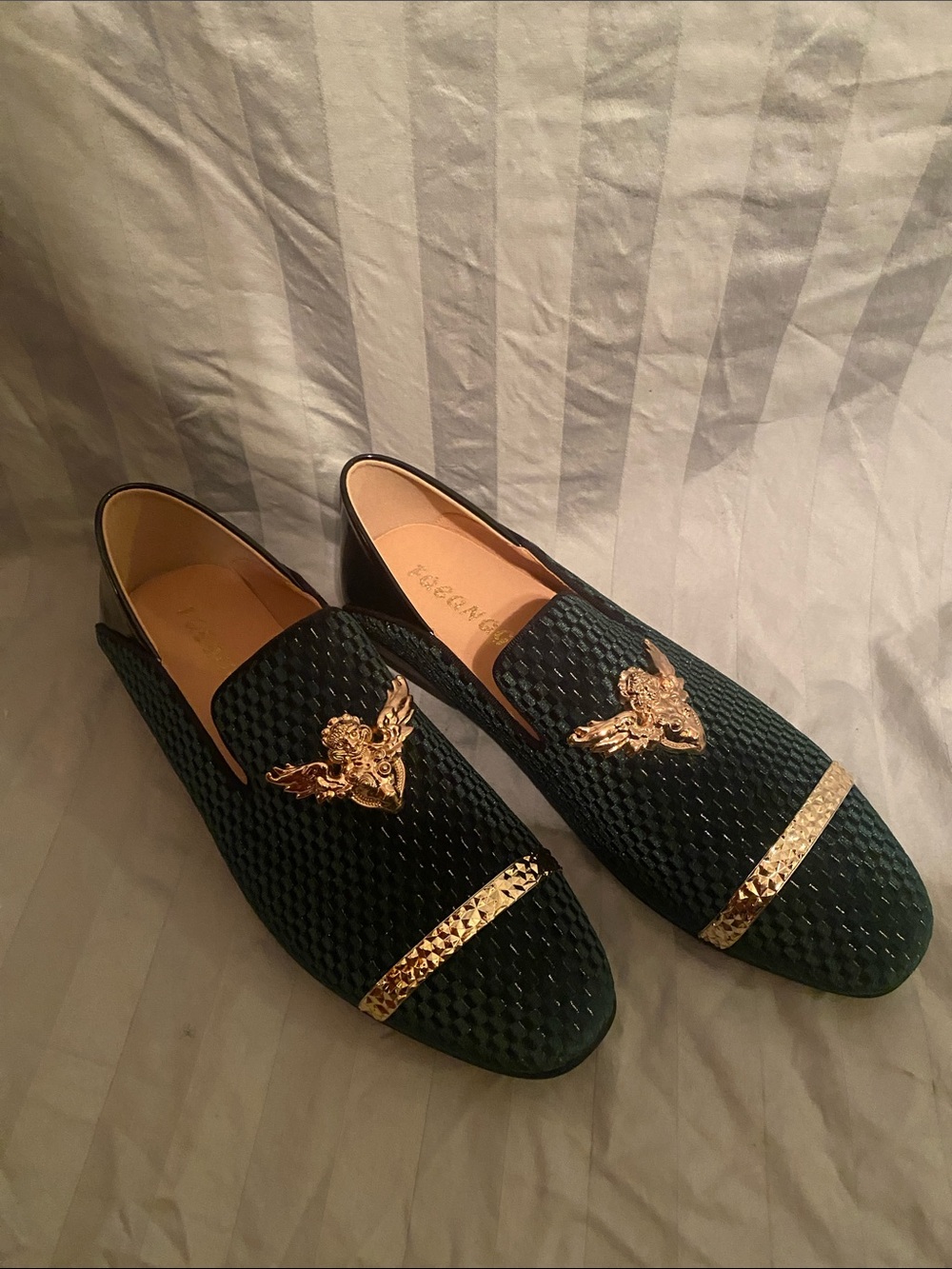 Men's Green Slip-On Loafers with Gold Medallion